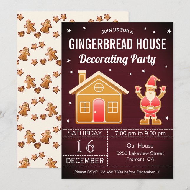 Invitación Fiesta decorativo de casa de jengibre rojo rústico (Anverso / Reverso)