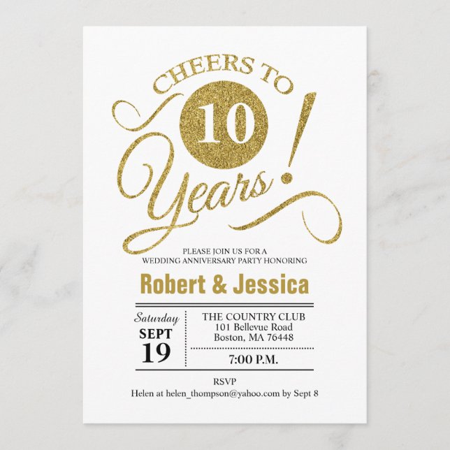 Invitación Fiesta del 10º Aniversario de Boda - Oro Blanco (Anverso)