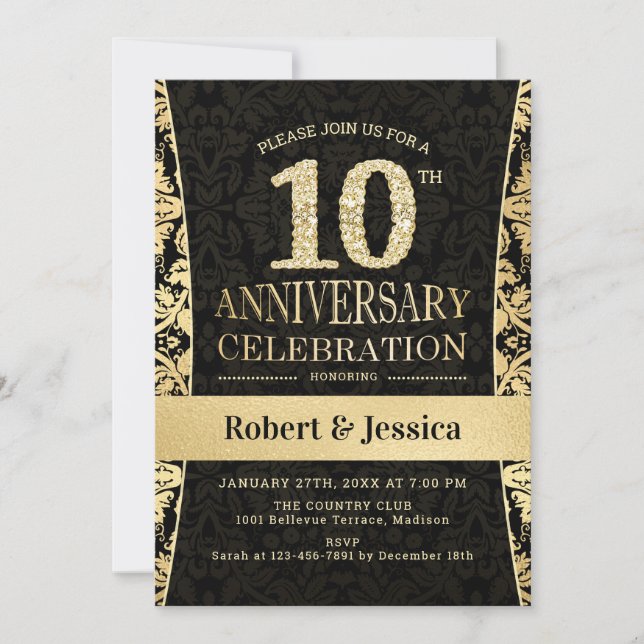 Invitación fiesta del 10° Aniversario - Negro de oro (Anverso)