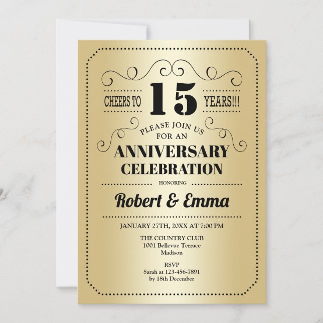 Invitación fiesta del 15° Aniversario del Boda - Negro de oro (Anverso)