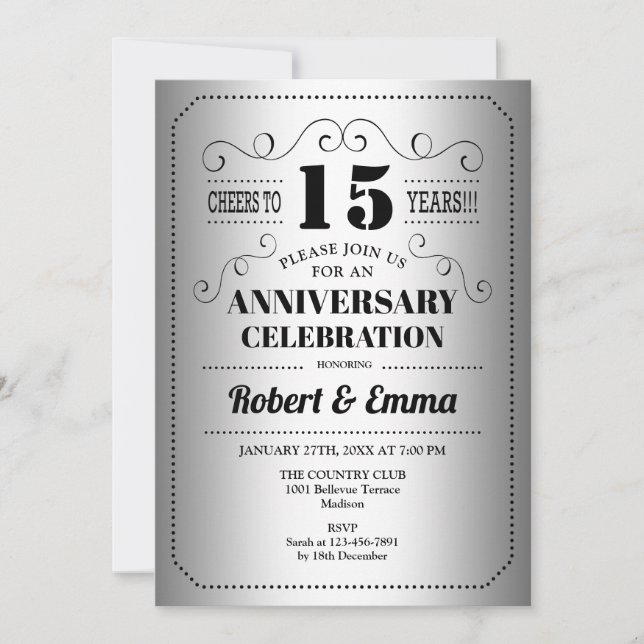 Invitación fiesta del 15° Aniversario del Boda - Negro platea (Anverso)