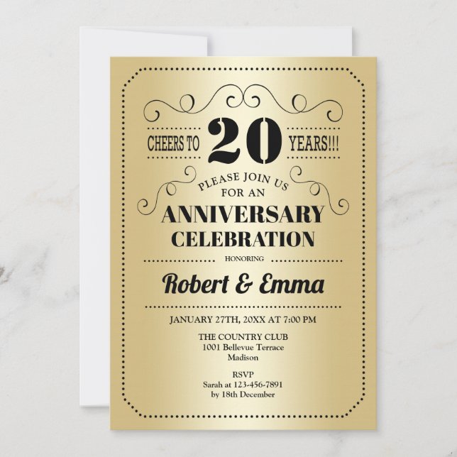 Invitación Fiesta del 20º Aniversario de Boda - Dorado Negro (Anverso)