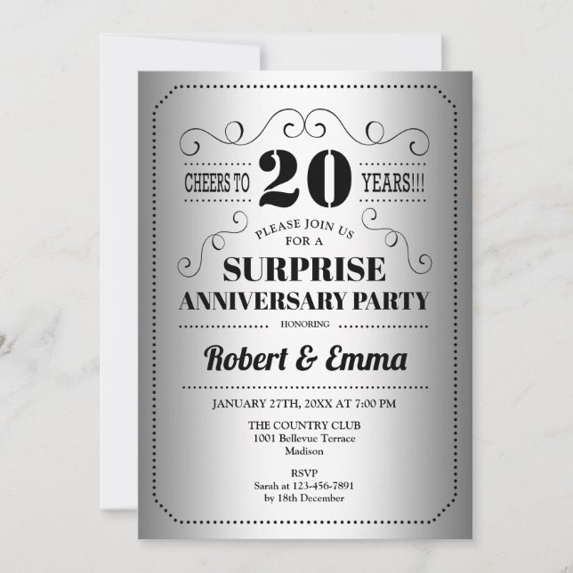 Invitación Fiesta del 20° Aniversario de la Sorpresa - Negro  (Anverso)