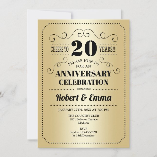 Invitación fiesta del 20° Aniversario del Boda - Negro de oro (Anverso)