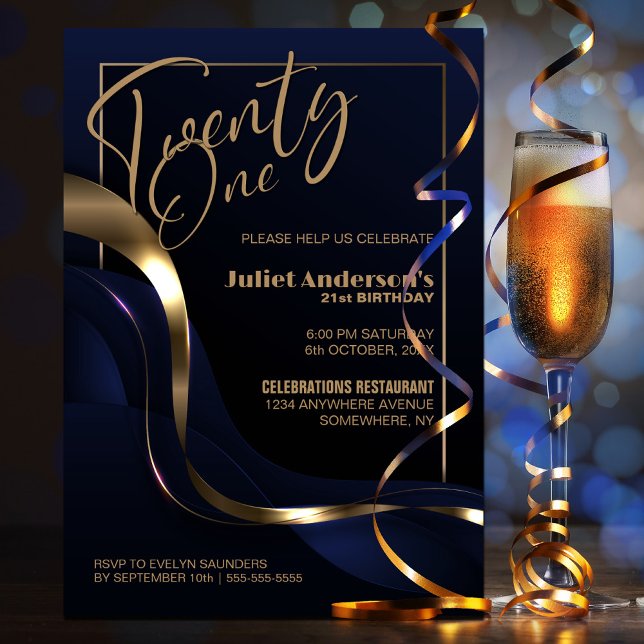 Invitación Fiesta del 21º cumpleaños del oro azul moderno (Subido por el creador)