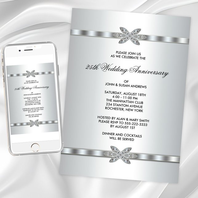 Invitación Fiesta del 25º Aniversario de Diamantes de Plata (Silver diamond any event invitation. Instant download and printed invitations available.)