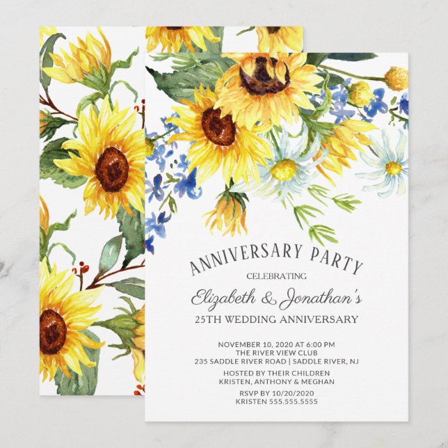 Invitación Fiesta del 25º aniversario del Sunflower Bouquet (Anverso / Reverso)