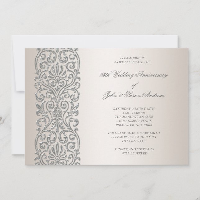 Invitación Fiesta del 25º Aniversario Pearl Silver Border (Anverso)