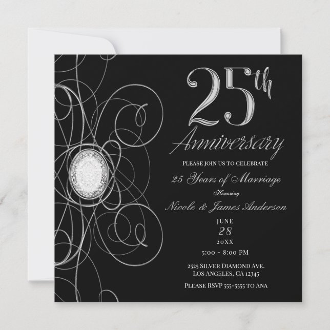 Invitación Fiesta del 25 Aniversario Black & Silver Diamond 2 (Anverso)