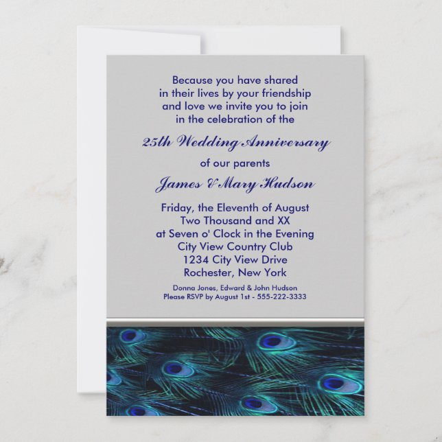 Invitación Fiesta del 25° Aniversario Boda de Peacock (Anverso)