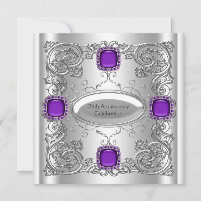 Invitación Fiesta del 25° Aniversario Boda de Plata Morada Mo (Anverso)