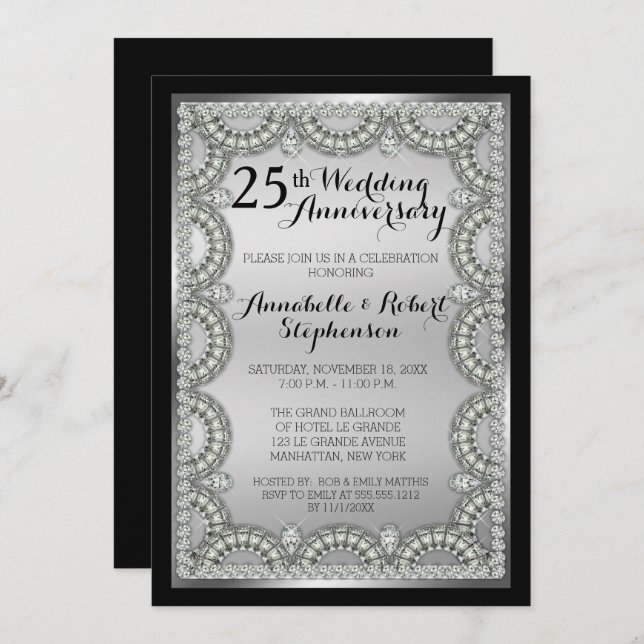 Invitación Fiesta del 25° Aniversario Boda de Plata y Diamant (Anverso / Reverso)