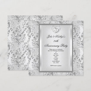 Invitación Fiesta del 25 Aniversario Damask Plata Blanco 2