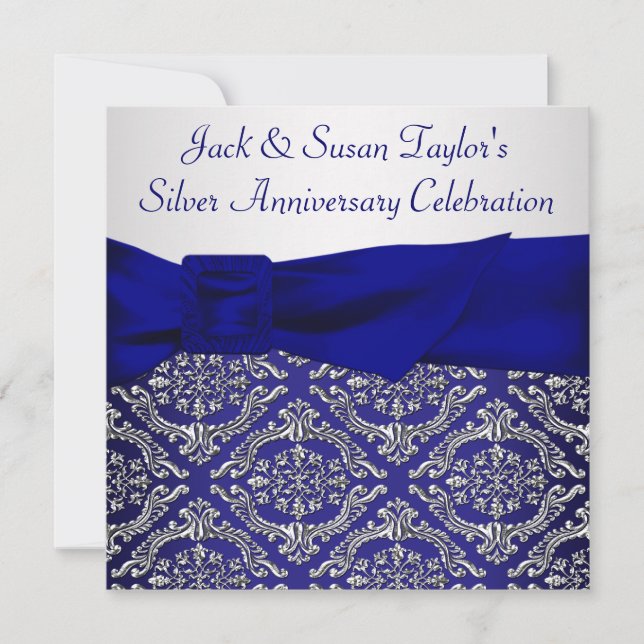 Invitación Fiesta del 25° aniversario de Damask Blue Silver d (Anverso)