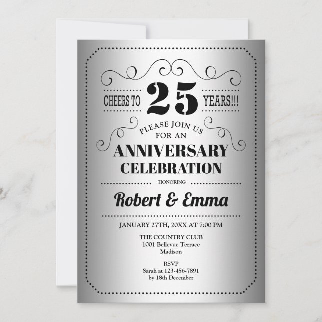 Invitación fiesta del 25° Aniversario del Boda - Negro platea (Anverso)