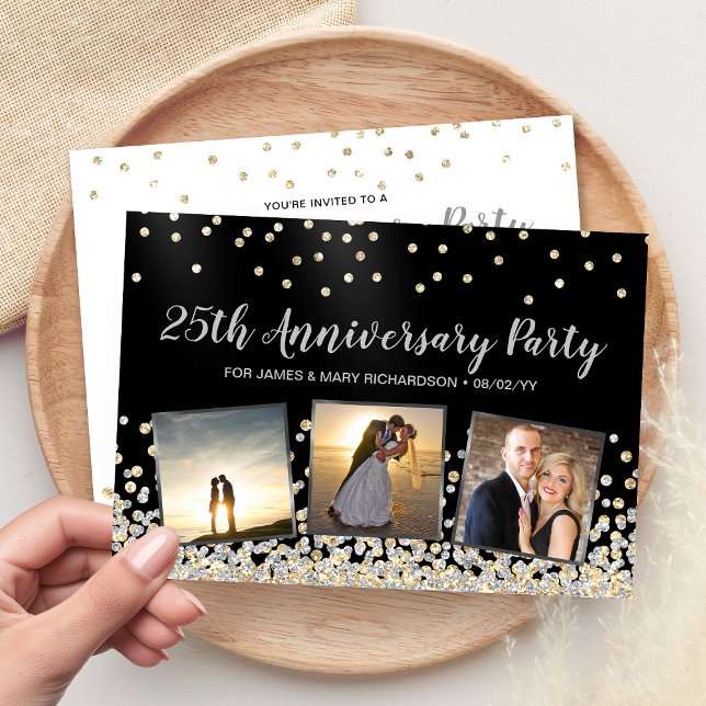 Invitación Fiesta del 25° Aniversario del Collage de fotos Co (Confetti Photo Collage 25th Anniversary Party Invitation)