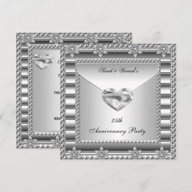 Invitación Fiesta del 25 Aniversario Joya Corazón Blanco Plat (Anverso / Reverso)