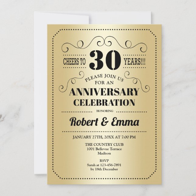Invitación fiesta del 30° Aniversario del Boda - Negro de oro (Anverso)