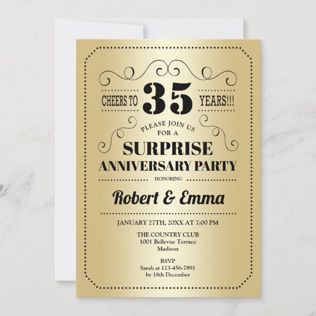 Invitación Fiesta del 35º Aniversario Sorpresa - Negro Oro (Anverso)