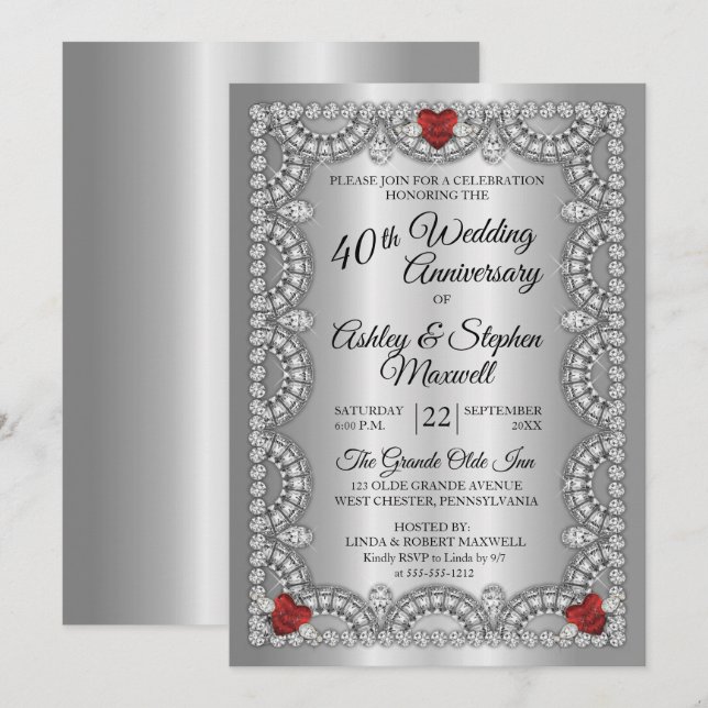 Invitación Fiesta del 40º Aniversario de Boda de Ruby y Diamo (Anverso / Reverso)