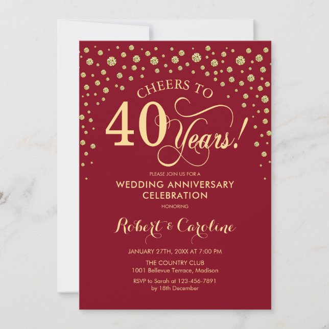 Invitación Fiesta del 40º Aniversario - Oro Rojo Rubí (Anverso)