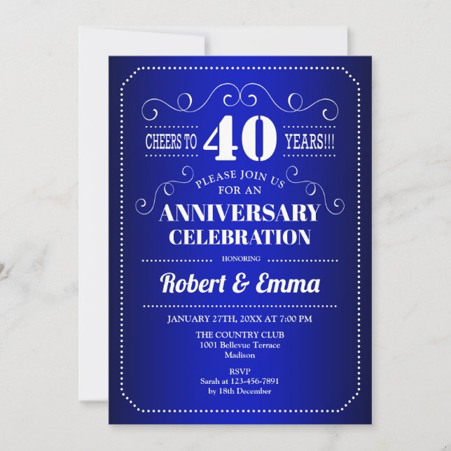 Invitación fiesta del 40° Aniversario del Boda - Azul zafiro (Anverso)