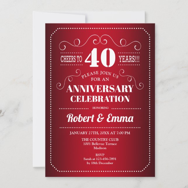 Invitación fiesta del 40° Aniversario del Boda - Rojo Ruby (Anverso)