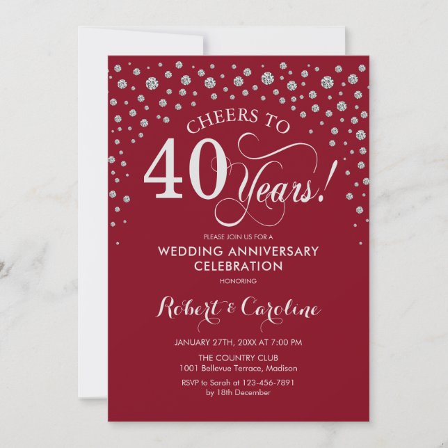 Invitación fiesta del 40° aniversario - Rojo de rubí plateado (Anverso)
