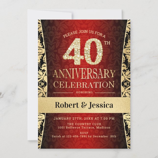 Invitación Fiesta del 40 Aniversario - Rojo Rubí Dorado Negro (Anverso)