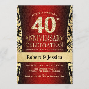Invitación Fiesta del 40 Aniversario - Rojo Rubí Dorado Negro