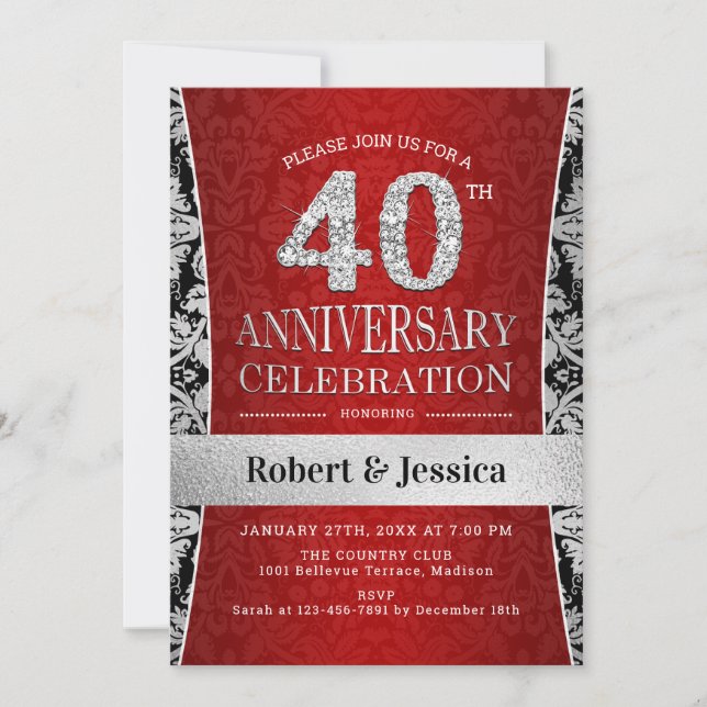 Invitación Fiesta del 40 Aniversario - Ruby Rojo Plata (Anverso)