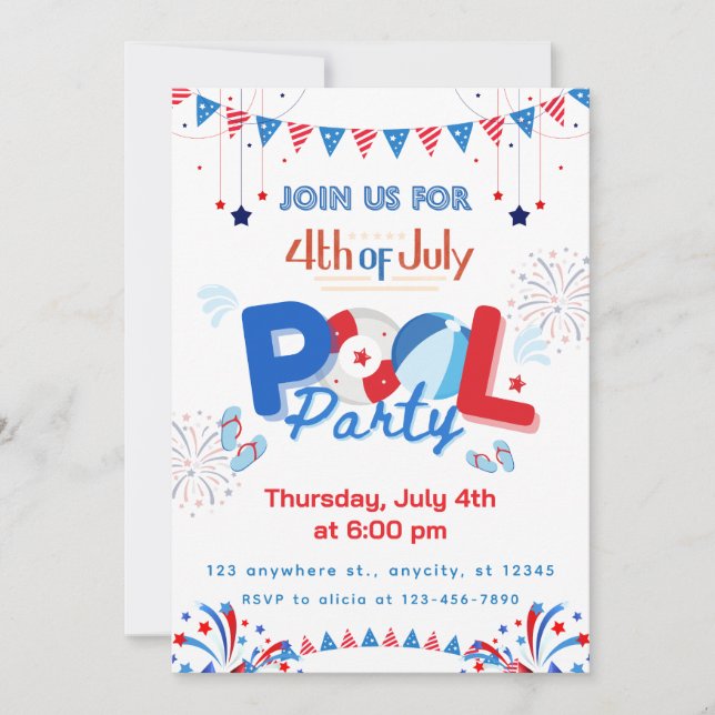 Invitación Fiesta del 4 de julio personalizable (Anverso)