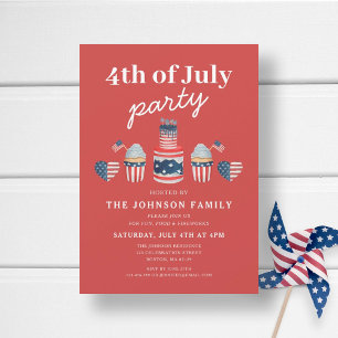 Invitación Fiesta del 4 de Julio Roja Blanca y Azul Adorable
