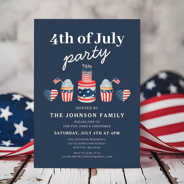 Invitación Fiesta del 4 de Julio Rosa Blanca y Azul Adorable (Cute Red White And Blue 4th Of July Party Invitation)
