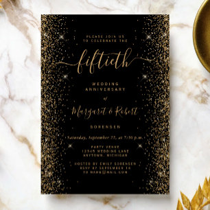 Invitación Fiesta del 50º Aniversario Black Gold Glitter
