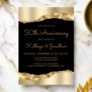Invitación Fiesta del 50º Aniversario Negro Oro Espejo Foil