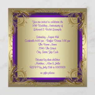 Invitación Fiesta del 50° Aniversario Boda Morado y Oro
