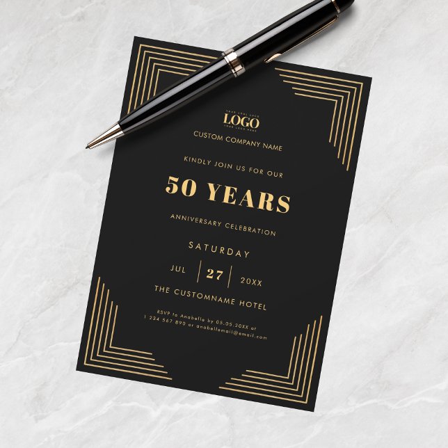 Invitación Fiesta del 50° aniversario de Black & Gold Logo Bu (Subido por el creador)