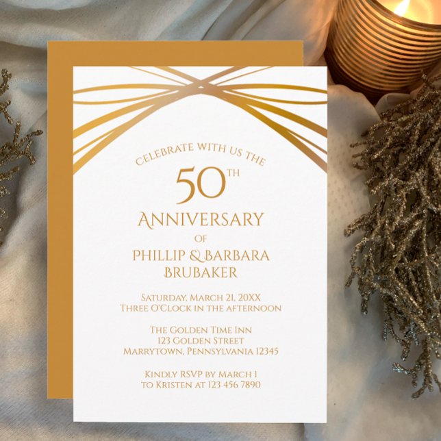 Invitación Fiesta del 50° Aniversario del Arco Moderno de Oro (Custom 50th wedding anniversary party invitation modern simple elegant arches golden tan on white.)