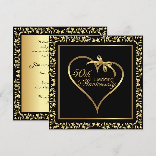 Invitación Fiesta del 50 aniversario del Boda Golden Heart (Anverso / Reverso)