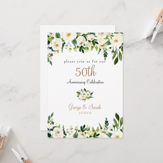 Invitación Fiesta del 50 Aniversario Floral Blanco (Anverso/Reverso In Situ)