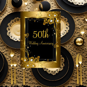Invitación Fiesta del 50 Aniversario Floral Diamante Negro Or