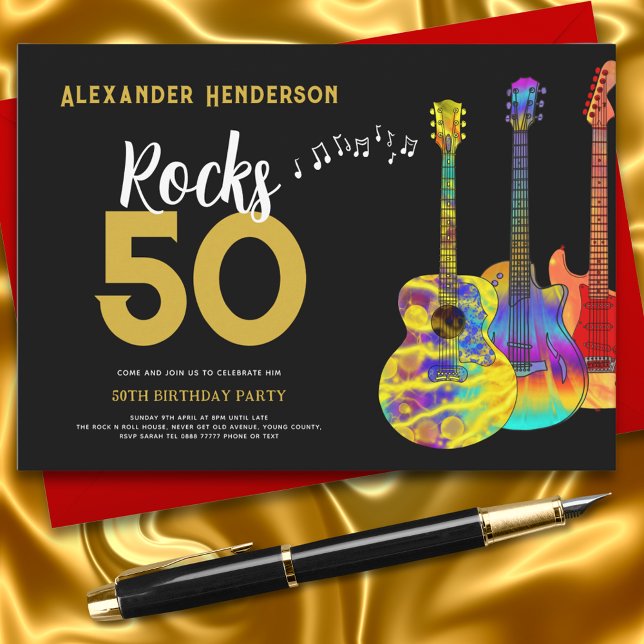 Invitación Fiesta del 50 cumpleaños del Rock and Roll (Rock and roll guitar black and gold 50th birthday party invitation )