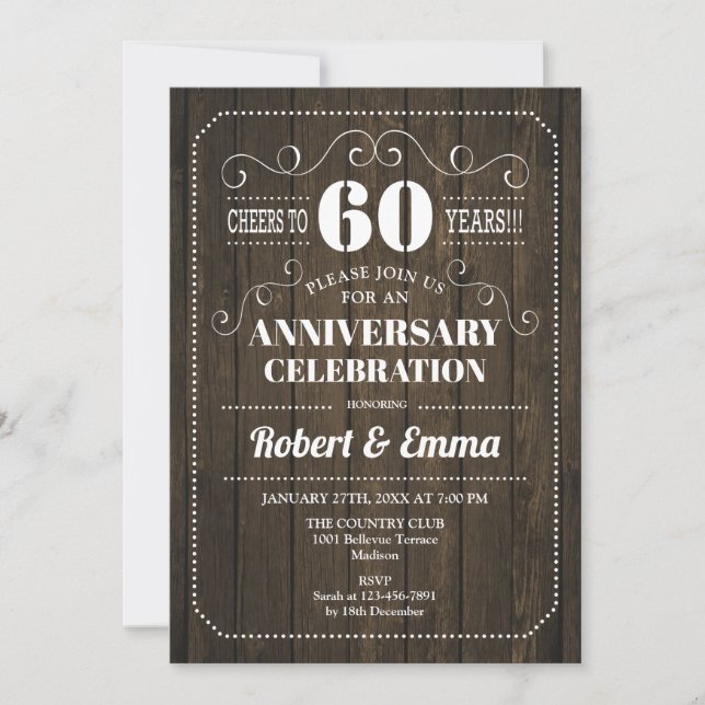Invitación Fiesta del 60 aniversario de Rustic Wood (Anverso)