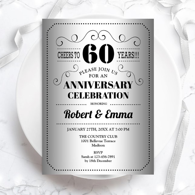 Invitación fiesta del 60° Aniversario del Boda - Negro platea (Subido por el creador)