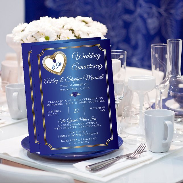 Invitación Fiesta del 65º Aniversario del Diamante de la Espi (Elegant Blue Spinel Diamond 65th Wedding Anniversary Party Invitation)