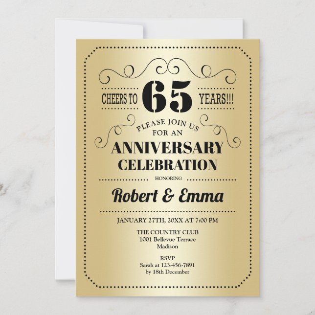 Invitación fiesta del 65° Aniversario del Boda - Negro de oro (Anverso)