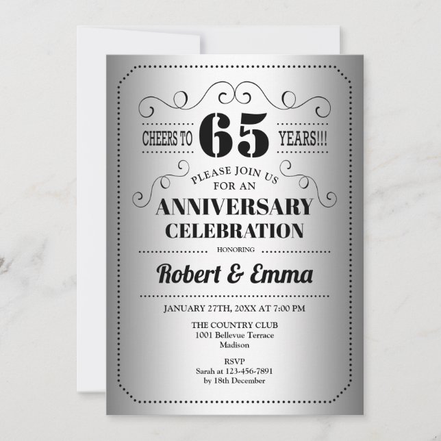Invitación fiesta del 65° Aniversario del Boda - Negro platea (Anverso)