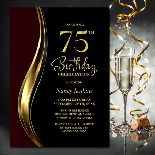 Invitación Fiesta del 75 cumpleaños de Black Gold Burgundy