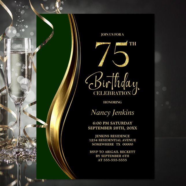 Invitación Fiesta del 75 cumpleaños de Black Gold Green (Subido por el creador)